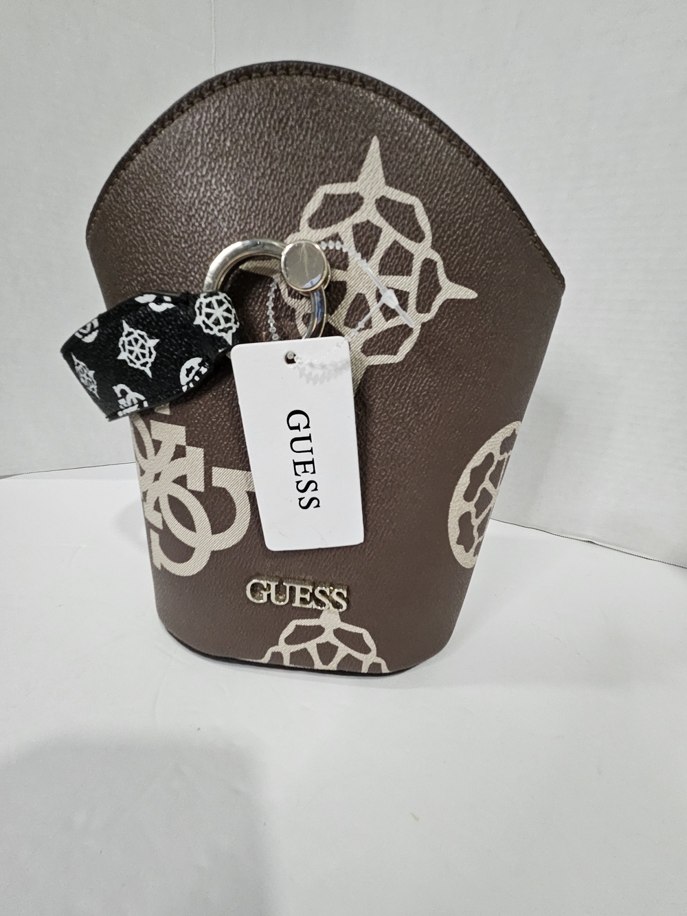 GUESS Brown Logo Bucket Bag with Cream Accents